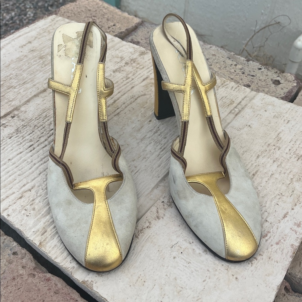 Vintage Prada SS 2000 Runway Metallic T-Strap Slingback Pumps - Size 38